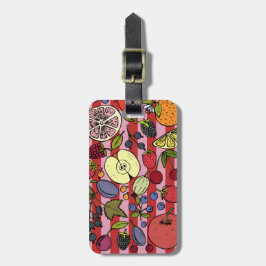 Etiqueta De Bagagem Listras rosa e vermelhas com frutas coloridas