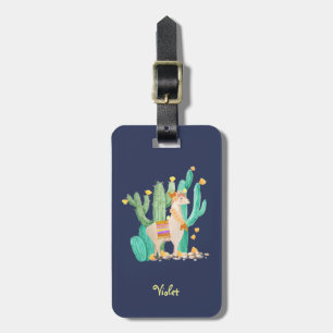 Etiqueta De Bagagem Llama e Cactus Watercolor Blue Personalizados