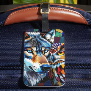 Etiqueta De Bagagem Lobo e Coruja Vibrante e Colorido