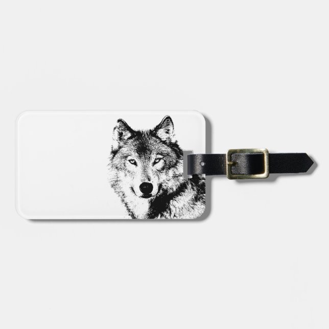 Etiqueta De Bagagem Lobo Negro e Branco (Frente Horizontal)