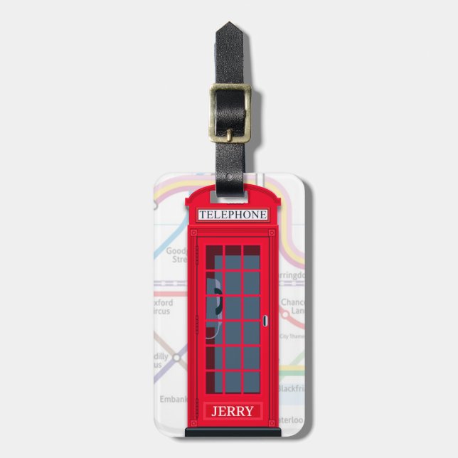 Etiqueta De Bagagem London Phone Booth with Tube Map Background (Frente Vertical)