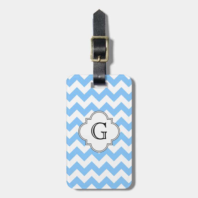 Etiqueta De Bagagem Lt Blue Wht Chevron Zigzag Whatrefoil Monograma (Frente Vertical)