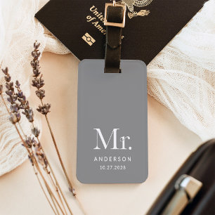 Etiqueta De Bagagem Luxe Elegance Cinzas   Sr. e Data de Casamento