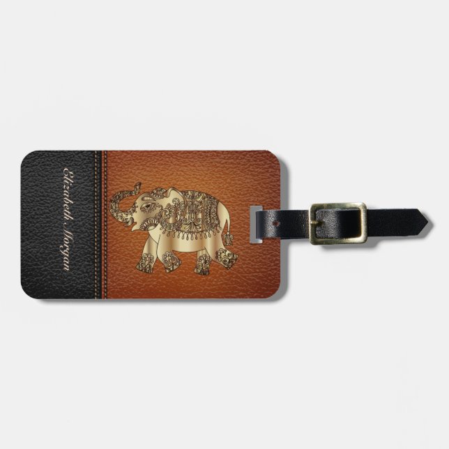 Etiqueta De Bagagem Luxo elegante, Leathe Look, Elephant, Paisley (Frente Horizontal)