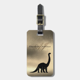 Etiqueta De Bagagem Luxo Elegante Monograma de Dinossauro Preto e Dour