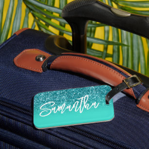 Etiqueta De Bagagem Luxo Glitter Azul Turquesa Ombre Personalizado