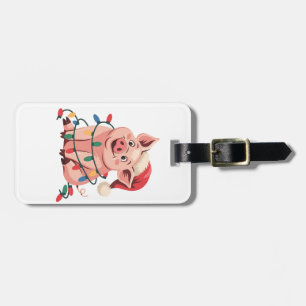Etiqueta De Bagagem Luzes de Natal Porco Vestindo Chapéu Natal - Pig L