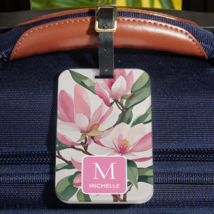 Etiqueta De Bagagem Magnólia Botânica Arte Moderna Monograma Rosa