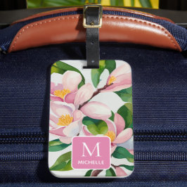 Etiqueta De Bagagem Magnolia Monograma Botânico de Arte Moderna Rosa