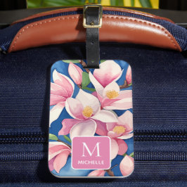 Etiqueta De Bagagem Magnolia Monograma Botânico de Arte Moderna Rosa
