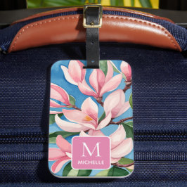 Etiqueta De Bagagem Magnolia Monograma Botânico de Arte Moderna Rosa