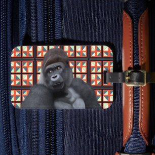 Etiqueta De Bagagem Maiestoso Sentando Gorila Na Vida Selvagem Geométr