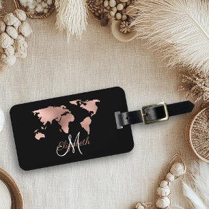 Etiqueta De Bagagem Mala de Mapa Mundial em Metalizado Rose Gold com M