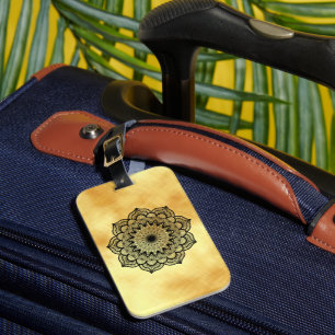 Etiqueta De Bagagem Mandala Preto em Fundo Dourado Suave