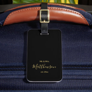 Etiqueta De Bagagem Manuscrito Minimalista Sr. e Sra. Newlywing Black