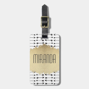 Etiqueta De Bagagem Mão preta & branca moderna monograma tirado das