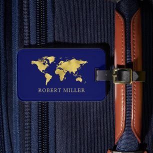 Etiqueta De Bagagem Mapa do Mundo Azul e Dourado do Marinho Moderno Pe