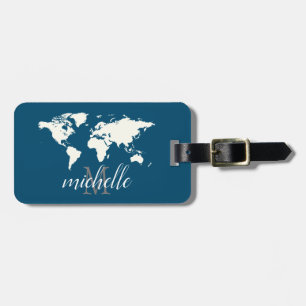 Etiqueta De Bagagem Mapa do Mundo de Viagem Branco e Azul Elegante,Avi
