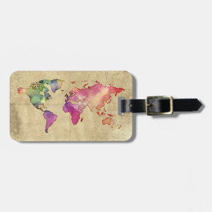 Etiqueta De Bagagem Mapa do Mundo do Vintage Watercolor Viagem