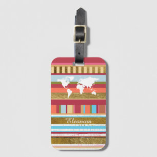 Etiqueta De Bagagem mapa do mundo e faixas de cores personalizadas