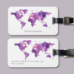 Etiqueta De Bagagem Mapa Mundi Aquarela Personalizado Roxo Rosa