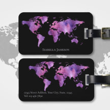 Mapa Mundi Personalizado em Aquarela Roxo e Preto