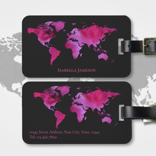 Etiqueta De Bagagem Mapa Mundial de Aquarelas Personalizado - Preto Ro (Criador carregado)