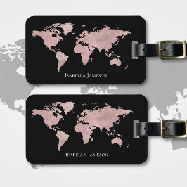 Etiqueta De Bagagem Mapa Mundial em Aquarela Rosa Dourado com Nome Per