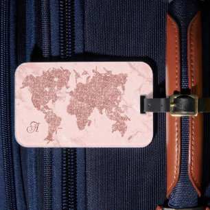 Etiqueta De Bagagem Mapa Mundial em Mármore Rosa com Brilho em Dourado