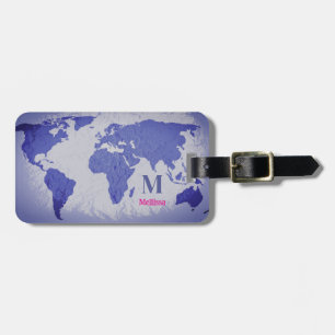 Etiqueta De Bagagem Mapa Mundial Monograma Azul Rosa Presente Favor
