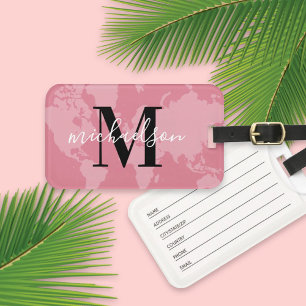 Etiqueta De Bagagem Mapa Mundial Rosa Monograma Nome Personalizado