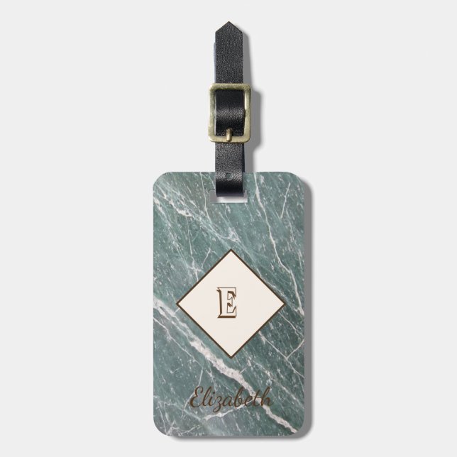 Etiqueta De Bagagem Marble Verde Trendy, Monograma Personalizado (Frente Vertical)