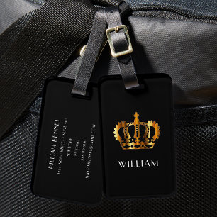 Etiqueta De Bagagem Marca Real Dourada Crown Personalizada Nome Preto