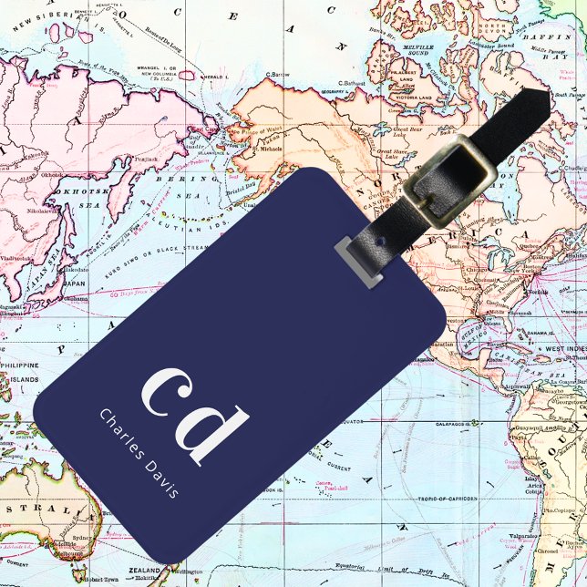 Etiqueta De Bagagem Marinho azul branco elegante moderno (Criador carregado)