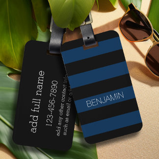 Etiqueta De Bagagem Marinho Blue e Black Rugby Stripes com nome person
