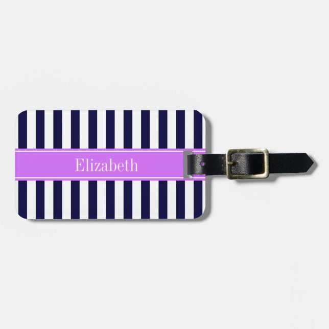 Etiqueta De Bagagem Marinho Blue White Stripe Nome Lilac Monograma (Frente Horizontal)
