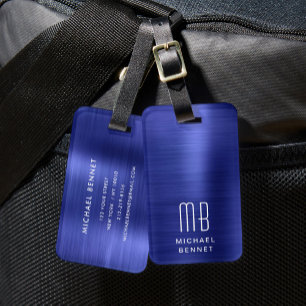 Etiqueta De Bagagem Marinho Elegante Monograma Azul