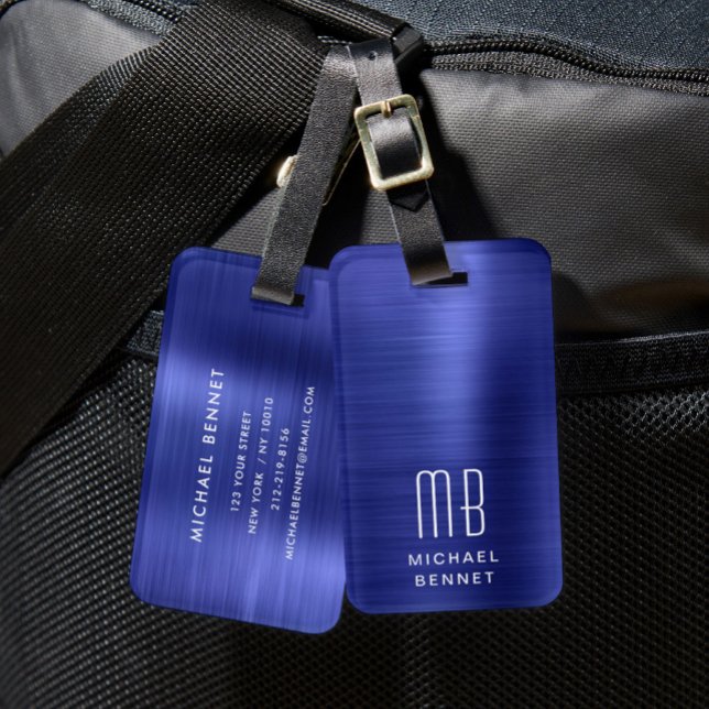 Etiqueta De Bagagem Marinho Elegante Monograma Azul (Elegant Monogram Navy Blue Luggage Tag)