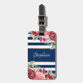 Etiqueta De Bagagem Marinho Stripes Borgonha Blush Monograma Floral
