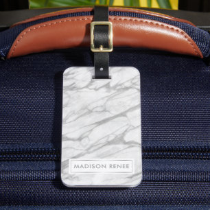 Etiqueta De Bagagem Mármore Cinza e Branco com Nome Personalizado
