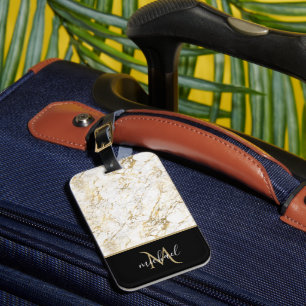 Etiqueta De Bagagem Mármore Dourado e Branco com Luxo de Monograma Pre