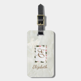 Etiqueta De Bagagem Mármore Moderno, Moldura Floral Monograma-Personal