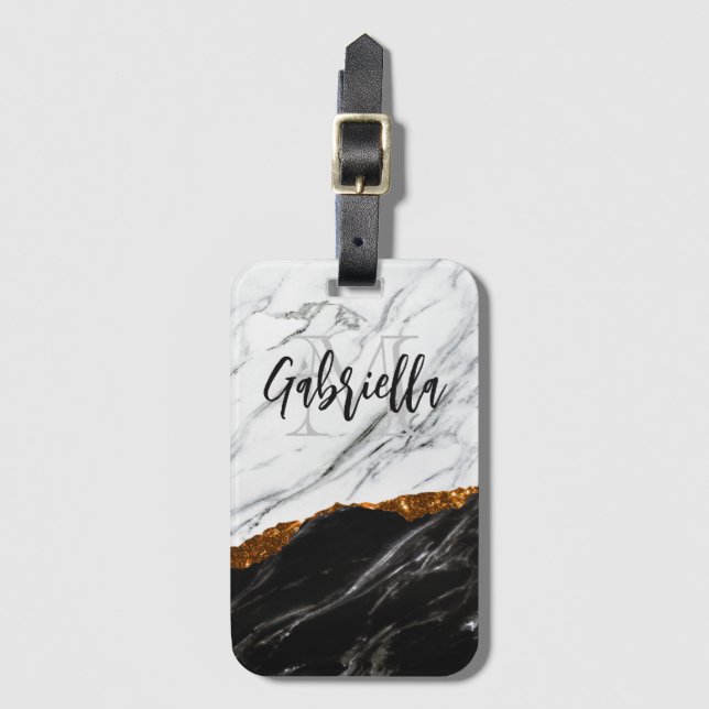 Etiqueta De Bagagem Mármore Negro e Branco (Frente Vertical)