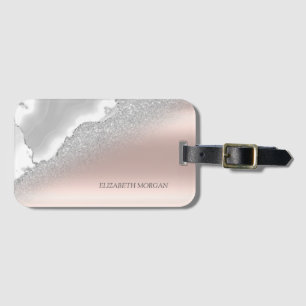 Etiqueta De Bagagem Mármore Prateado com Brilho em Dourado Rosa Modern