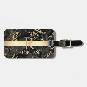 Etiqueta De Bagagem Mármore Preto+Dourado Barra Dourada DIY Nome+Monog