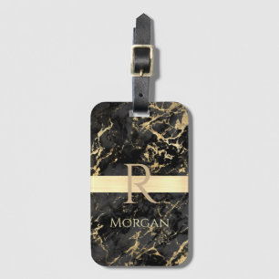 Etiqueta De Bagagem Mármore Preto/Dourado, Barra Dourada, Nome/Monogra