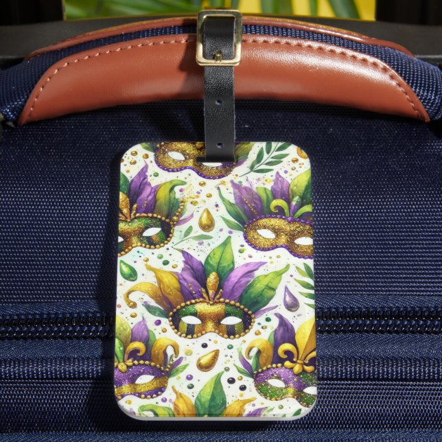 ETIQUETA DE BAGAGEM MÁSCARAS DE GRAS MARDI DOURADAS VERDES PURPAS (Frente Insitu 2)