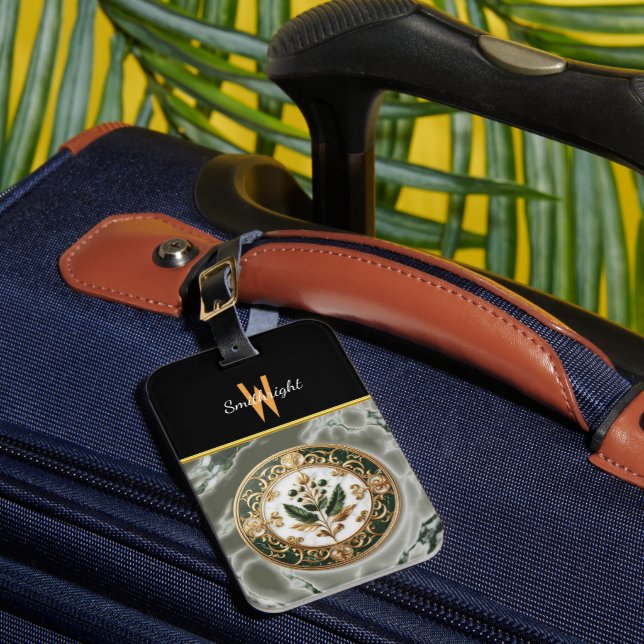Etiqueta De Bagagem Medalhão Floral Gilded em Marble (Frente Insitu 1)