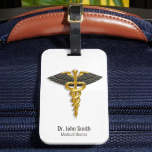 Etiqueta De Bagagem Médico Dourado Caduceus Black Wings Elegante