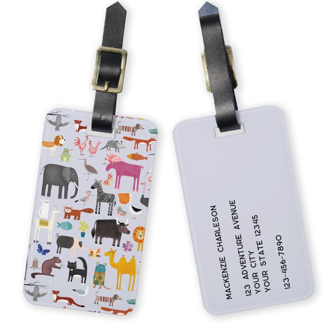 Etiqueta De Bagagem Menagerie animal (Fun animal menagerie with wild, safari, zoo, pet animals and birds pattern personalized luggage tag)